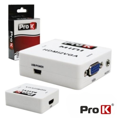 Conversor Pro K mini HDMI2VGA branco com conetor USB/POWER e saída VGA com embalagem