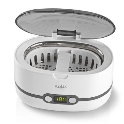 Aparelho ultrasónico de limpeza Nedis branco com tampa translúcida aberta e visor digital
