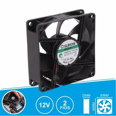 Ventoinha preta quadrada de plástico para arrefecimento com etiqueta central SUNON e 2 fios