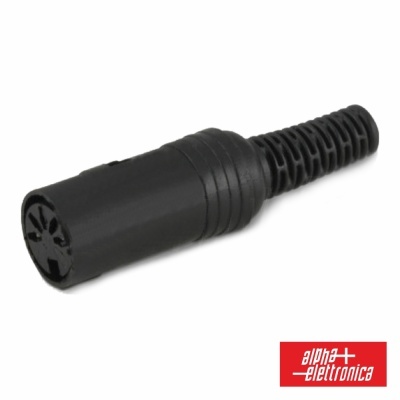 Conector preto de plástico com proteção de cabo em fundo branco e logótipo 'alpha elettronica'