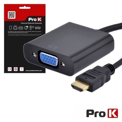 Adaptador HDMI para VGA preto da marca Pro K com embalagem preta e vermelha.