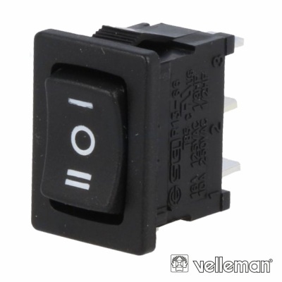 Interruptor de botão preto com três posições e conexões metálicas