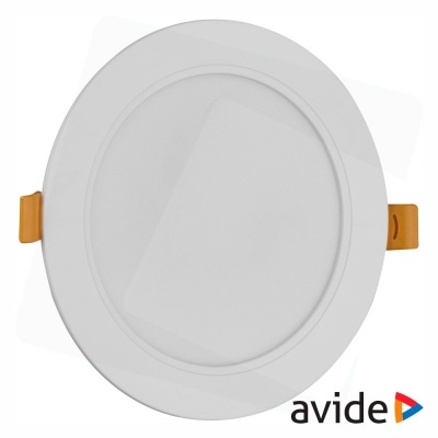 Luz LED teto embutida redonda branca com travas amarelas e logotipo avide