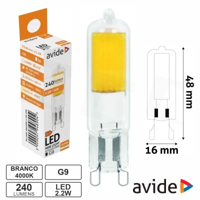 Lâmpada LED Avide G9 transparente com cápsula amarela e embalagem branca laranja com texto