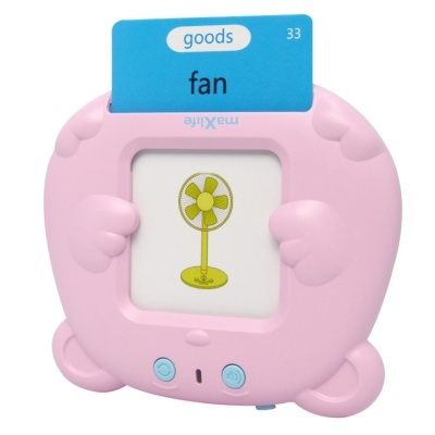 Dispositivo educativo rosa com cartão azul e ilustração de ventilador amarelo