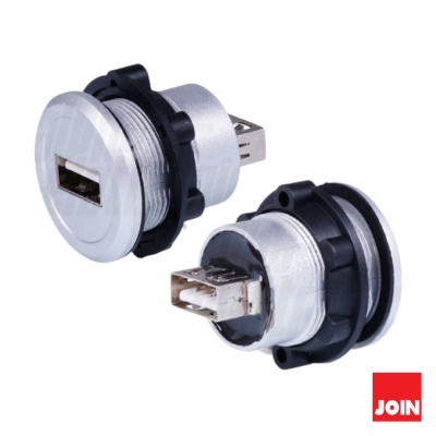 Conector USB com suporte metálico e plástico em fundo branco com logótipo JOIN