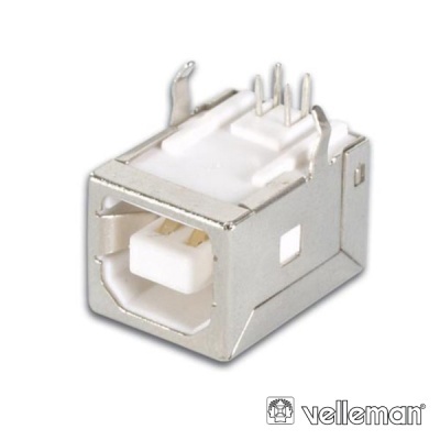Conector USB tipo B metal branco com pinos e logótipo velleman