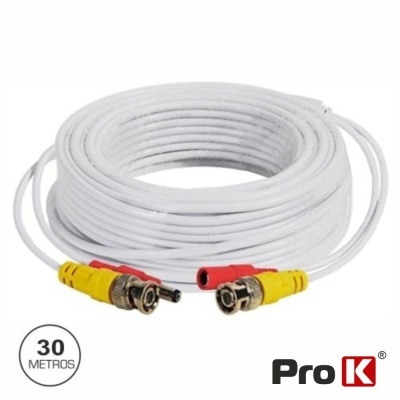 Cabo coaxial branco com conectores BNC amarelos e terminais vermelhos de 30 metros Pro K