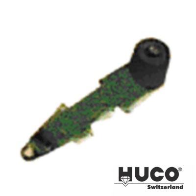 Peça eletrónica verde com partes pretas e douradas e logótipo HUCO Switzerland
