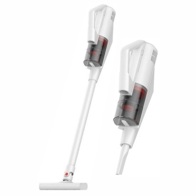 aspirador vertical sem fios branco com depósito transparente e detalhes vermelhos