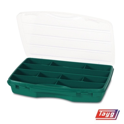 caixa organizadora verde de plástico com tampa transparente e compartimentos