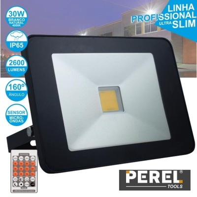Projetor de luz LED preto e branco com comando remoto da marca PEREL