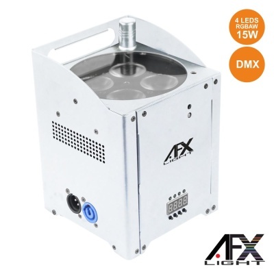Equipamento de iluminação AFX Light metálico com quatro LEDs RGBW, visor digital e entradas para cabo.