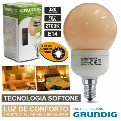 Lâmpada LED redonda GRUNDIG cor âmbar com embalagem e textos técnicos