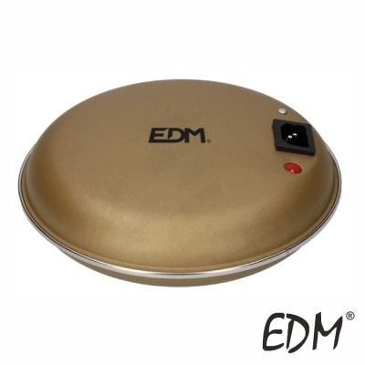 Dispositivo redondo dourado com interruptor preto e logótipo EDM
