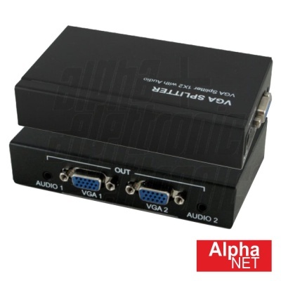 Divisor VGA e áudio preto com conexões e logotipo Alpha NET