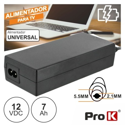 Alimentador universal para TV Pro K preto com especificações 12 VDC 7 Ah