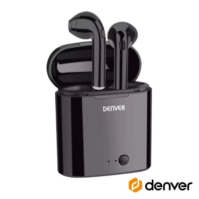 Auriculares sem fios pretos com suporte de carregamento e logótipo Denver