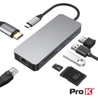Adaptador hub USB-C cinza com múltiplas portas e dispositivos auxiliares