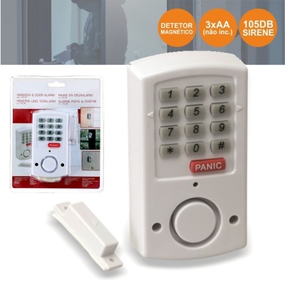 Alarme de janela e porta branco com teclado numérico e botão PANIC