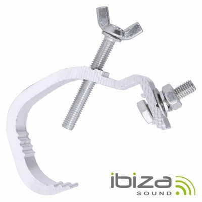Abraçadeira metálica prateada com parafusos e porcas e logotipo 'ibiza SOUND'