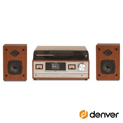 Sistema de som vintage com colunas de madeira e unidade central com visor digital