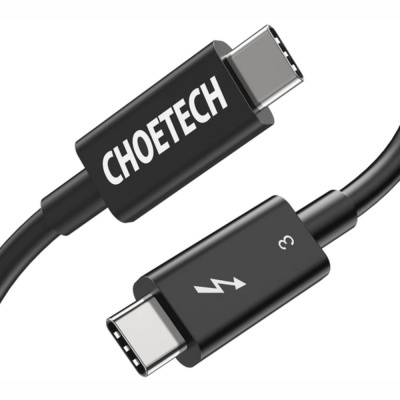 Cabo USB-C preto com texto CHOETECH e símbolo de raio com número 3.
