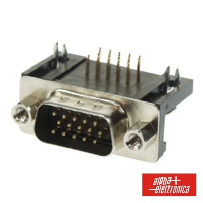 Conector macho DB15 com pinos dourados e logótipo alpha elettronica