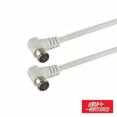 Cabo coaxial branco com conectores em ângulo direito e logótipo Alpha Elettronica