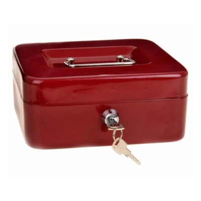 Caixa de metal vermelha com fechadura e chave pendurada