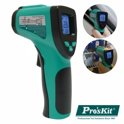 Termómetro digital infravermelho verde e preto Pro'sKit com ecrã LCD azul e botões verdes