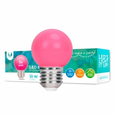 Lâmpada LED rosa esférica com base metálica e embalagem colorida com texto e ícones.