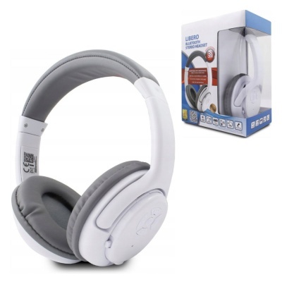 auscultadores Bluetooth brancos com almofadas cinzentas e embalagem