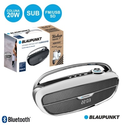 Coluna Bluetooth BLAUPUNKT vintage prata e preta com visor digital e embalagem
