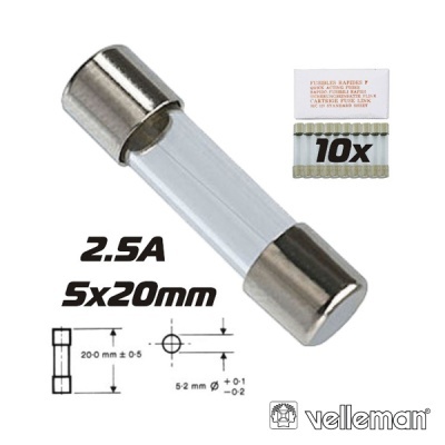 Fusível cilíndrico de vidro 2.5A 5x20mm com embalagem de 10 unidades