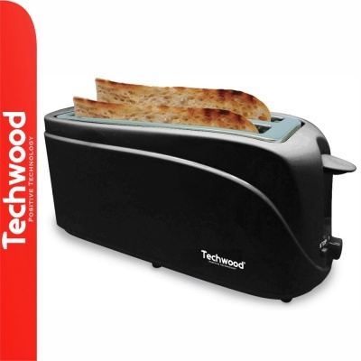 Torradeira preta Techwood com duas fatias de pão em fundo branco e faixa vermelha à esquerda