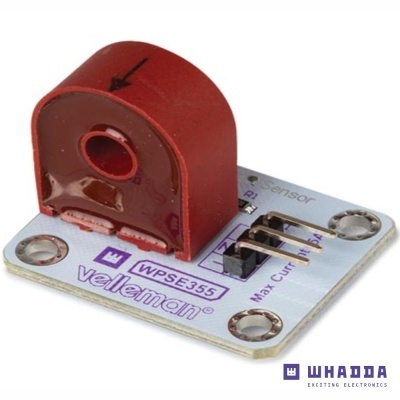 Sensor de corrente Velleman WPS355 com corpo vermelho e base branca com texto e pinos de ligação