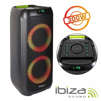 Coluna de som preta Ibiza Sound com luzes LED coloridas e controlo superior