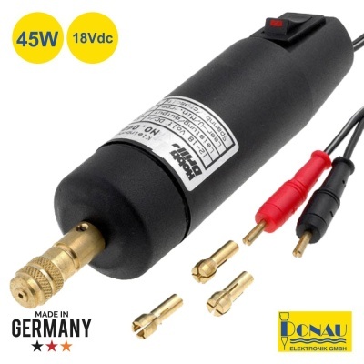 Motor elétrico preto com pontas e cabos vermelhos e pretos, 45W 18Vdc, MADE IN GERMANY.