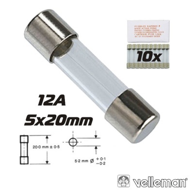 Fusível de vidro 12A 5x20mm com embalagem contendo 10 unidades