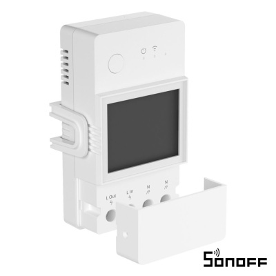 dispositivo eletrónico branco com ecrã digital e botões SONOFF