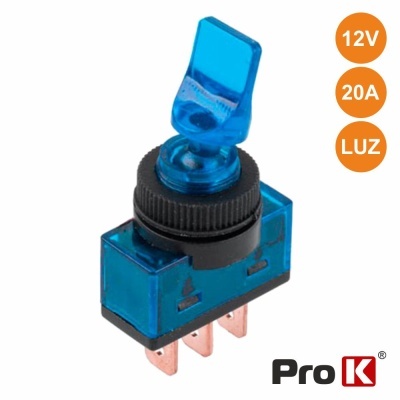 Interruptor basculante azul e preto com três terminais e texto 12V 20A LUZ