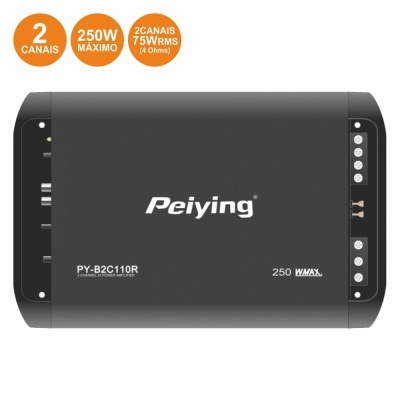 Amplificador Peiying preto com texto branco e etiquetas laranja informando potência e canais