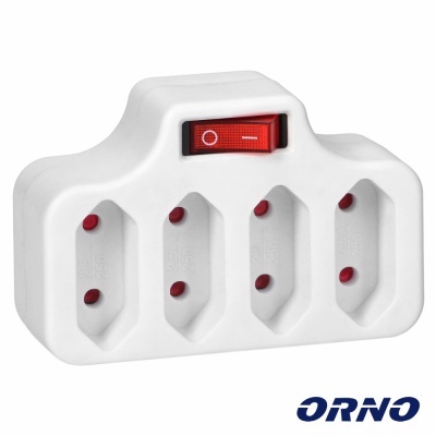 Multiplicador de tomadas elétricas branco com quatro entradas e interruptor vermelho
