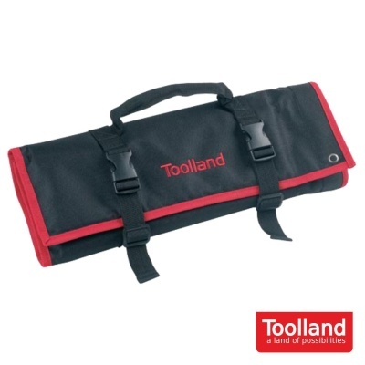 Bolsa de ferramenta preta e vermelha da marca Toolland com alça e fivelas