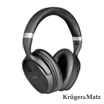 Auscultadores pretos Krüger&Matz com almofadas acolchoadas e faixa acolchoada, design fechado.