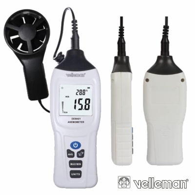 Anemómetro digital Velleman branco e preto com hélice e visor LCD.