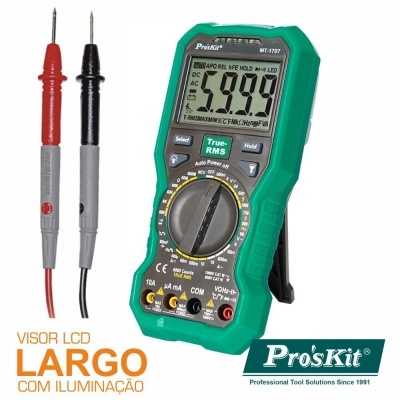 Multímetro digital Pro'sKit MT-1707 com visor LCD grande e dois cabos de teste vermelho e preto