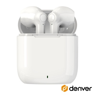 Auriculares sem fios brancos em estojo branco com indicador LED e logótipo Denver