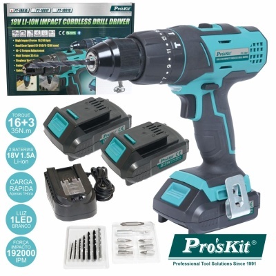 Ferramenta elétrica Pro'sKit 18V com baterias, carregador e acessórios